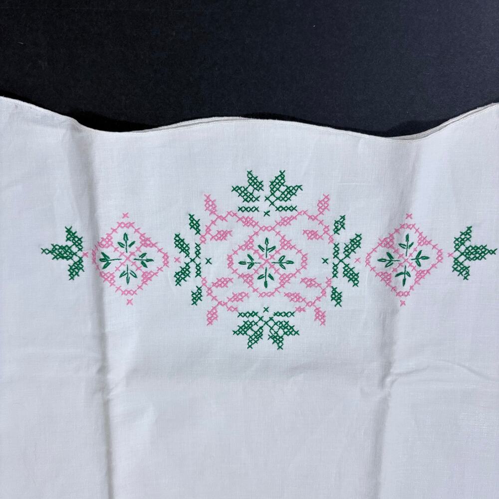 Vintage Handmade Pillowcase, 21" x 28", Embroidered Cross Stitch Flowers